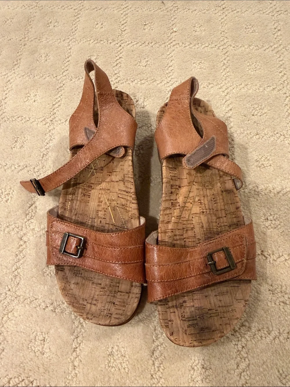 Abeo Tan Leather-Look Cork Footbed Adjustable Strap Sandals